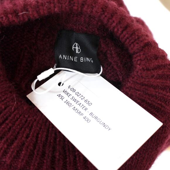 Anine Bing Mike Wool Cable Knit Sweater Burgundy High Neck Oversized NEW M - Picture 7 of 7